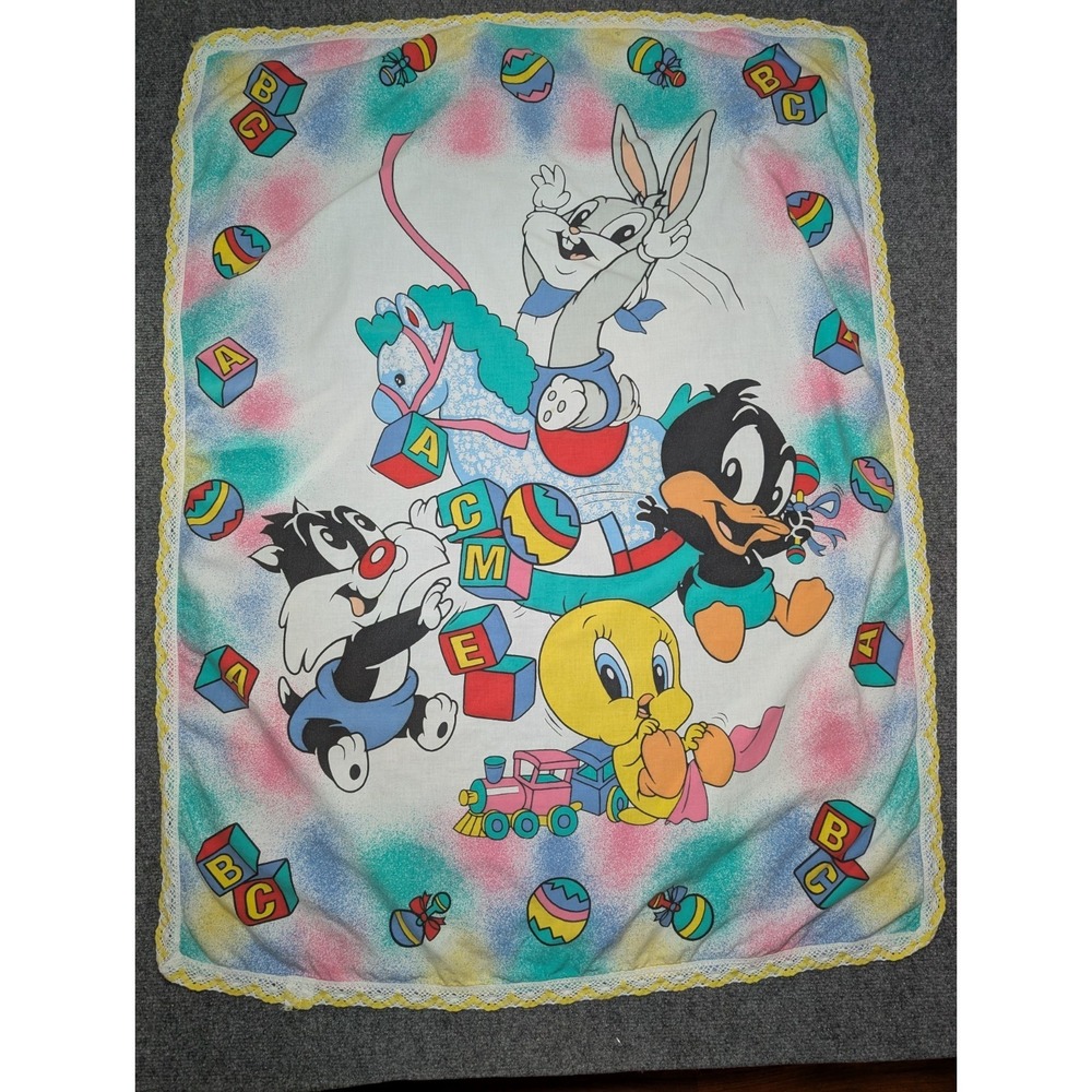 Vtg 90s Baby Looney Tunes Tweety Sylvester Bugs Daffy Crib Blanket Blocks 31x42"